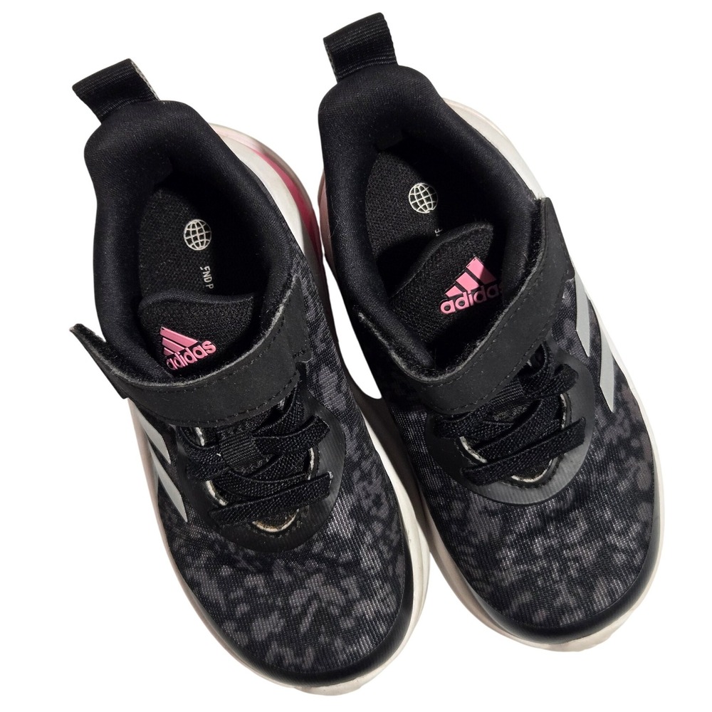 Kids Adidas Black Gray Pink Leopard Print Velcro‎ Sneakers Shoes Size 7c